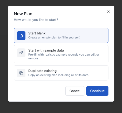 Modal showing options to start a blank plan, start with sample data, or duplicate an existing plan