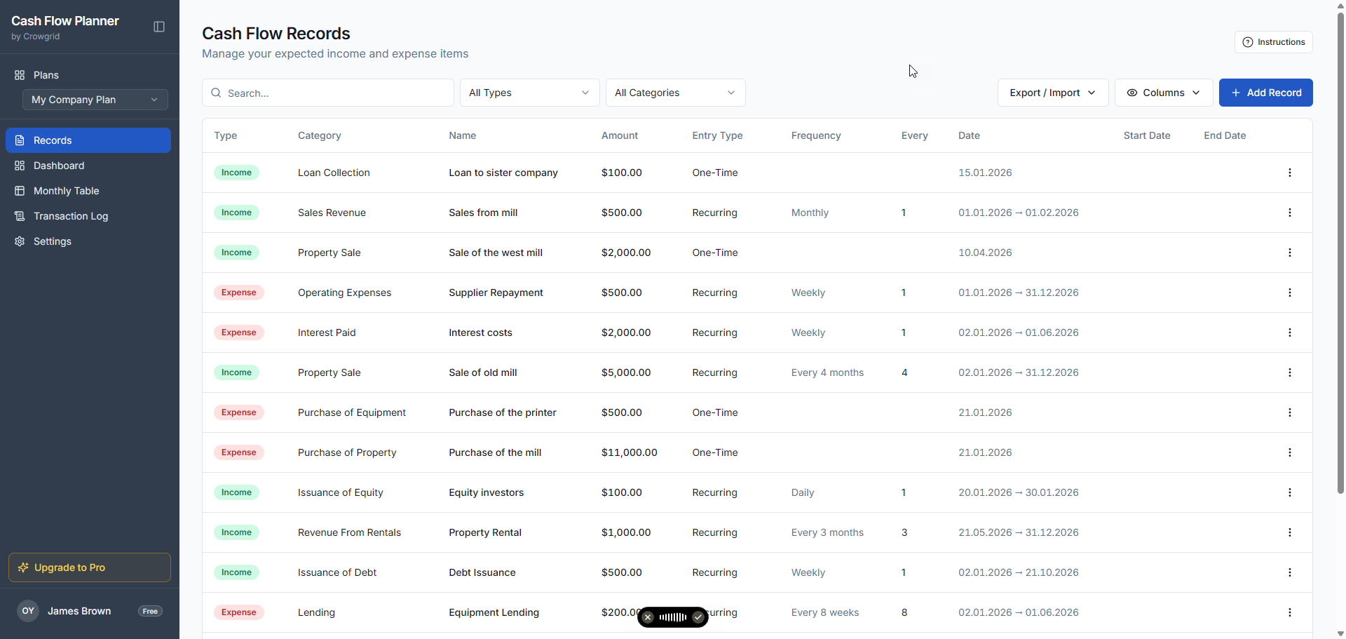Main Cash Flow Records table showing various income and expense entries