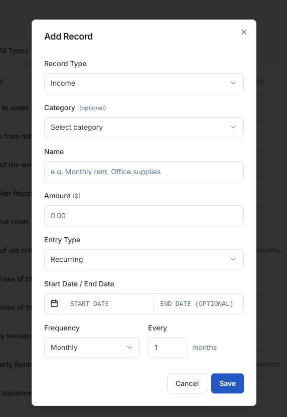 Add Record popup modal showing options for record type, category, amount, and frequency