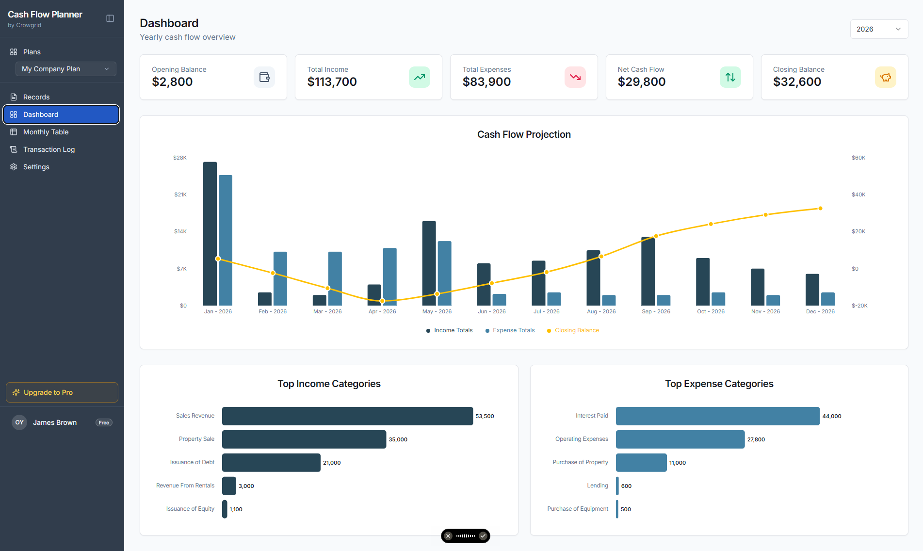 Cash Flow Dashboard showing visual charts, net cash flow, opening and closing balances