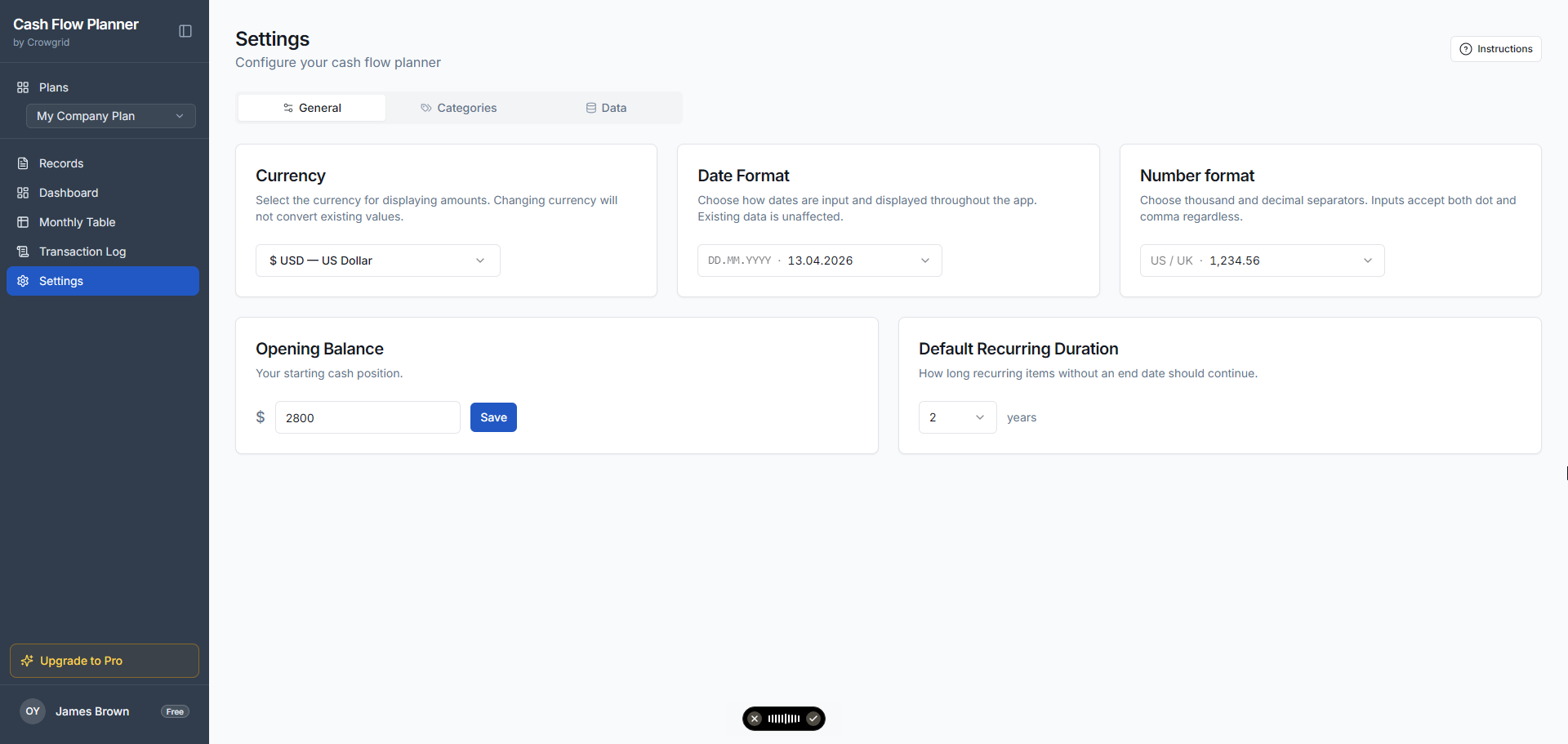 General Settings tab showing currency, date format, and opening balance