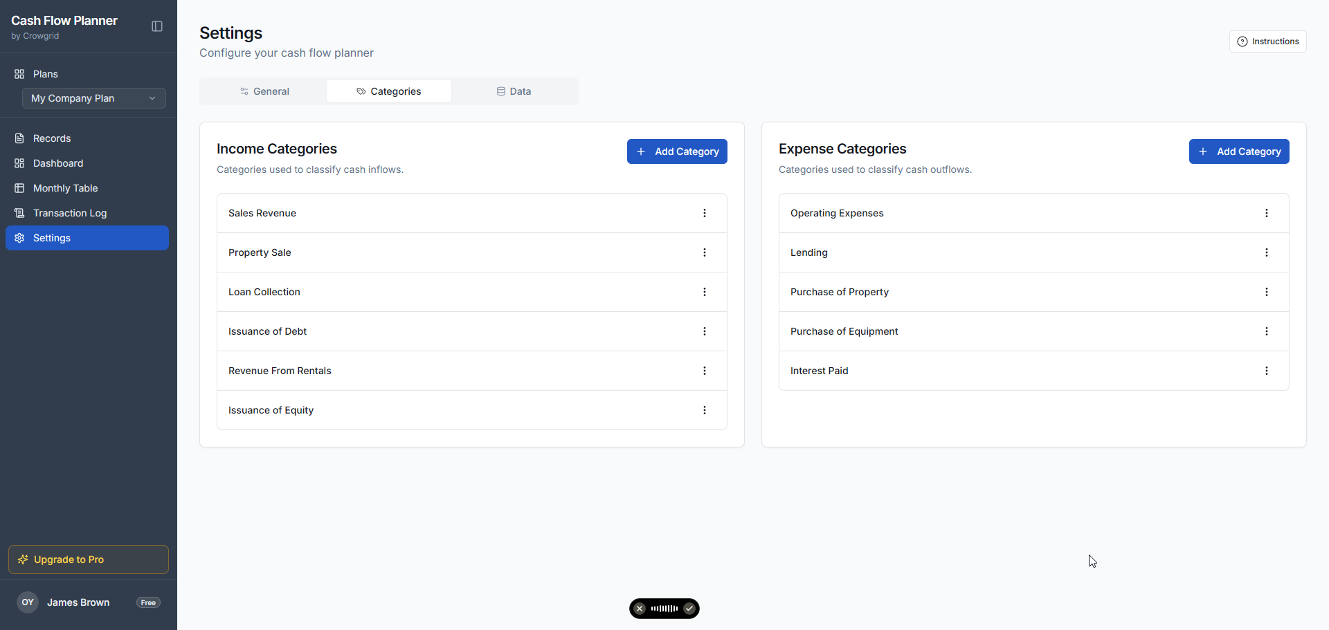 Categories Settings tab showing customizable income and expense tags