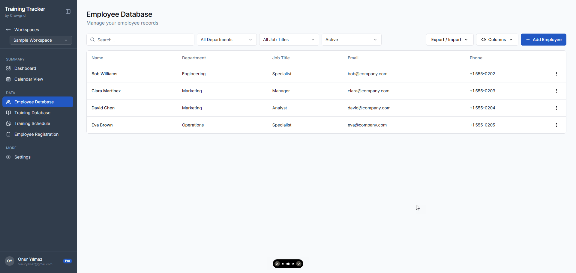 Employee Database screen showing employee records with department, job title, email, and phone columns