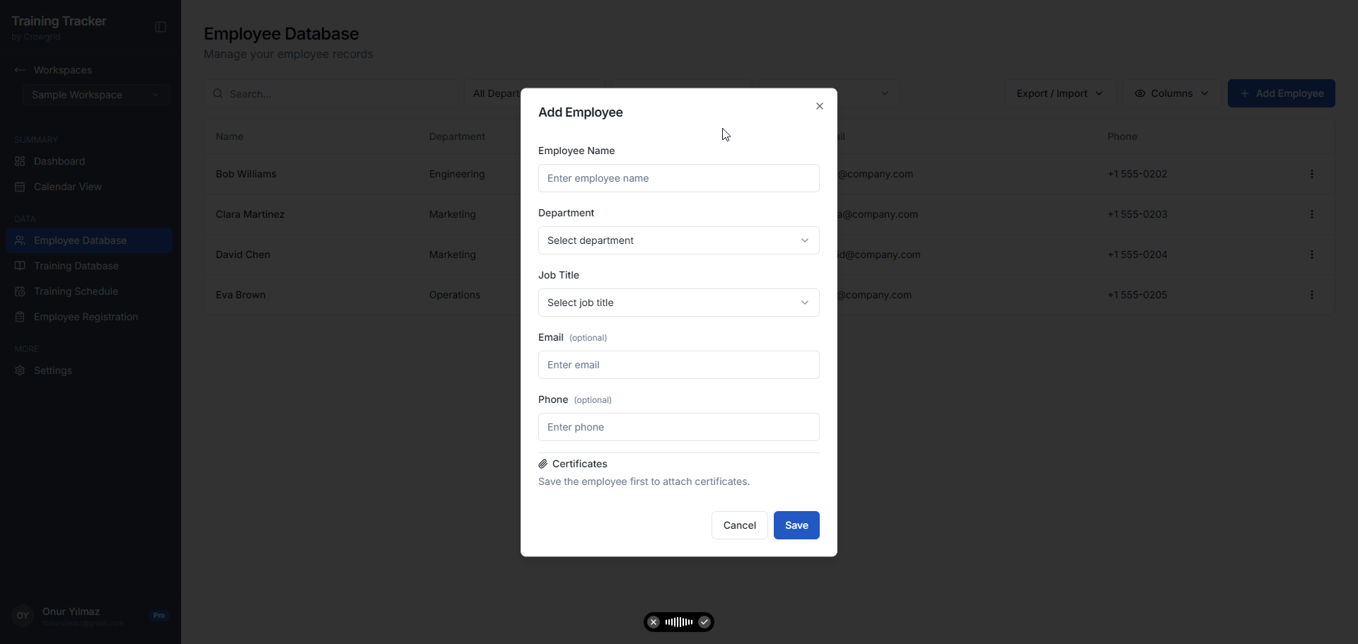 Add Employee modal showing employee name, department, job title, email, phone, and certificate area