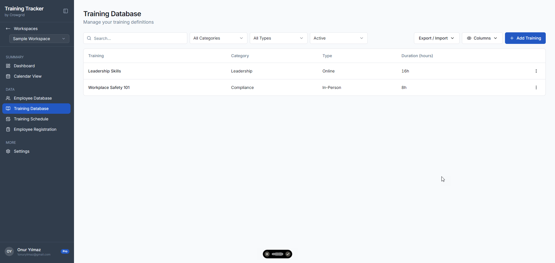 Training Database screen showing training definitions with category, type, and duration