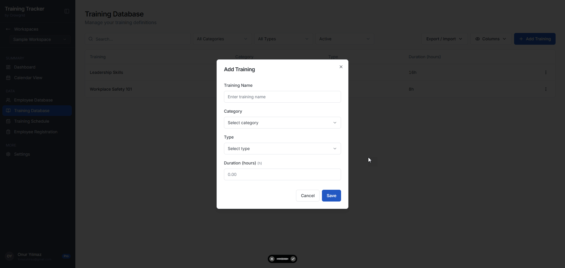 Add Training modal showing training name, category, type, and duration