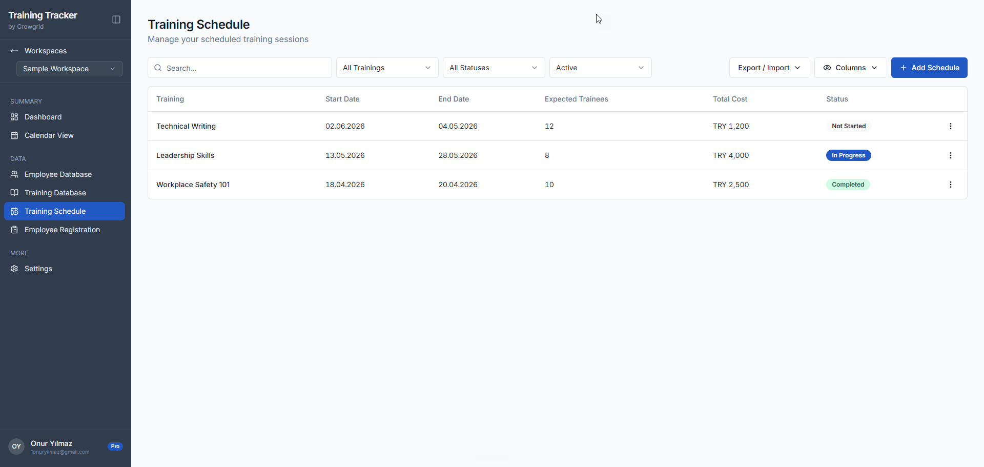 Training Schedule screen showing scheduled trainings with start date, end date, expected trainees, cost, and status