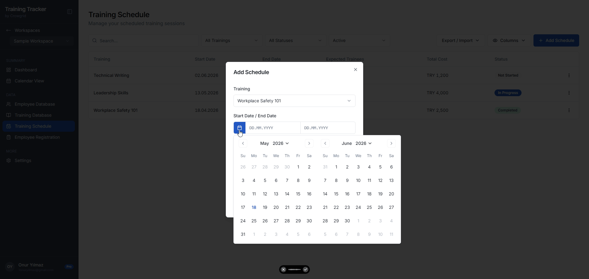 Add Schedule modal with training selector and start/end date picker