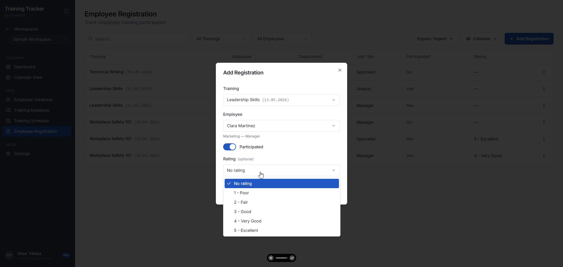 Add Registration modal showing training selector, employee selector, participated switch, and rating dropdown