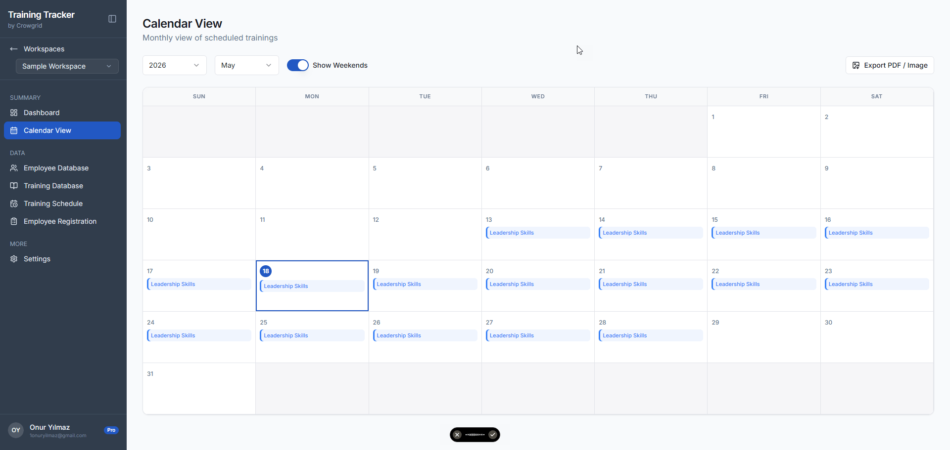 Calendar View showing scheduled trainings across a monthly calendar