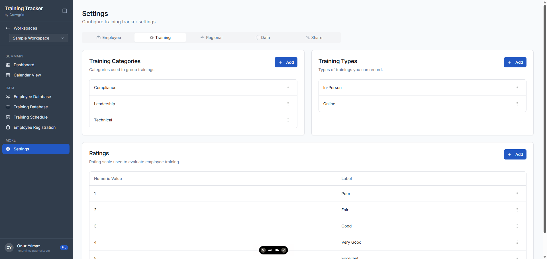 Settings screen showing training categories, training types, and ratings