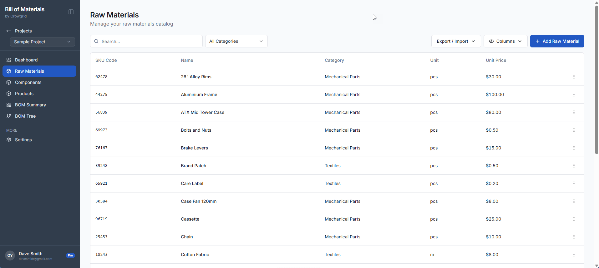 Raw materials catalog list showing SKU codes, names, categories, and unit prices