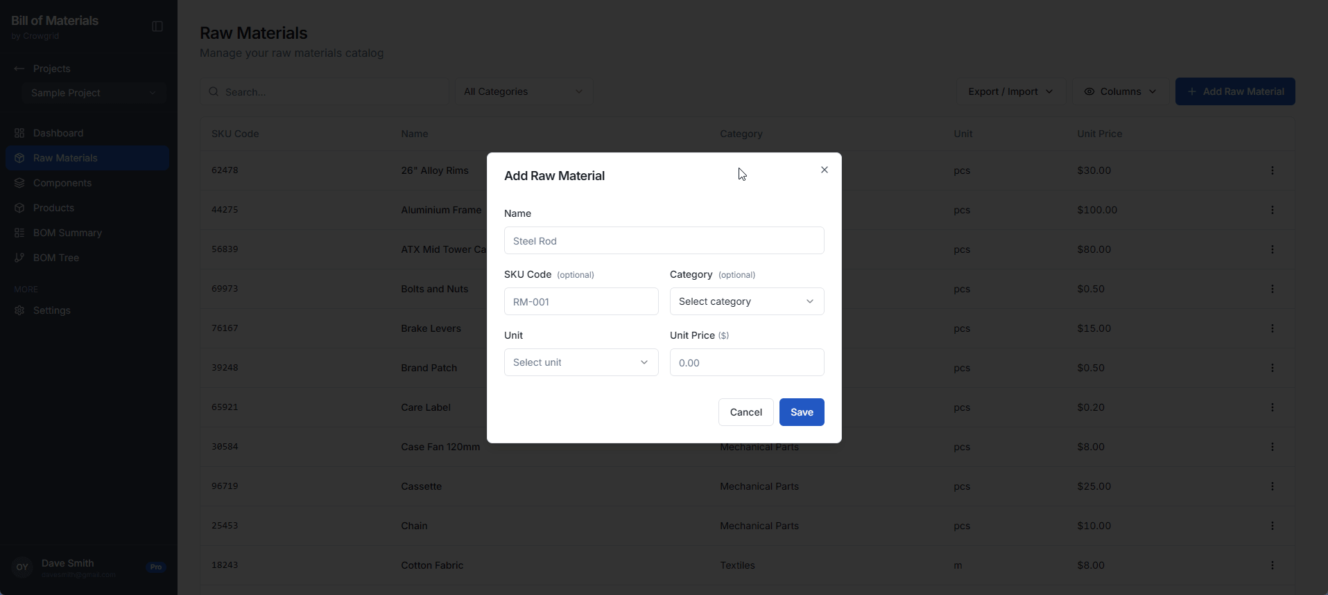 Modal window showing the interface to add a new raw material with name, SKU, category, unit, and price fields