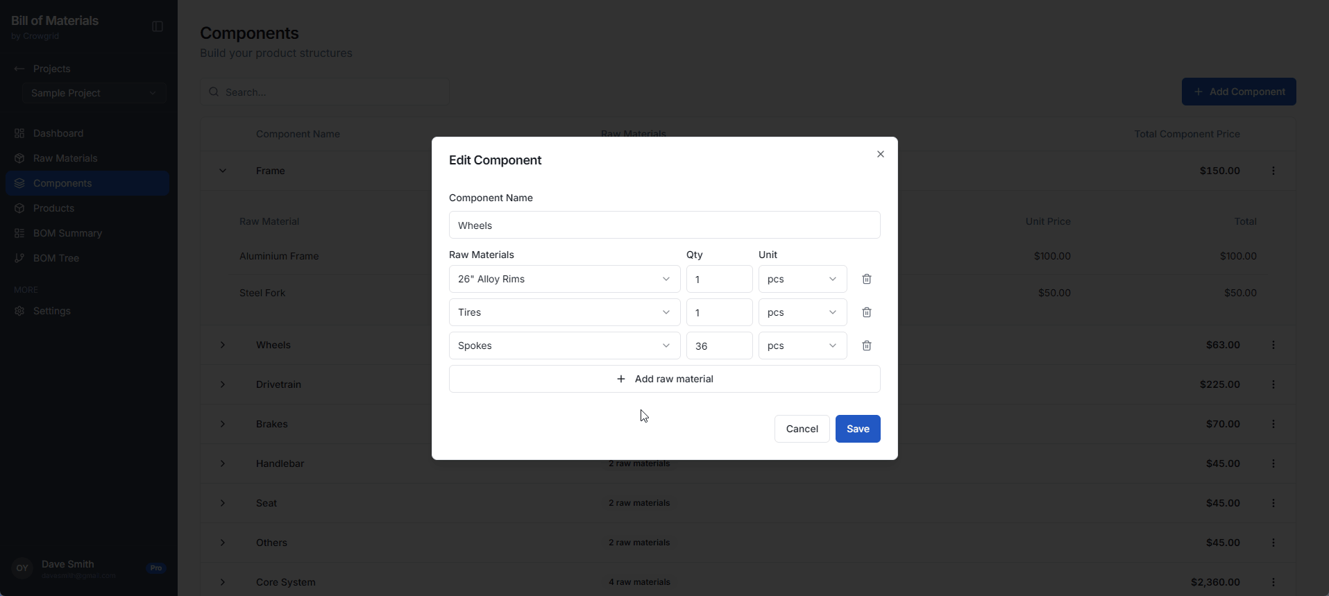 Edit Component modal showing how raw materials and their quantities are added to build a component