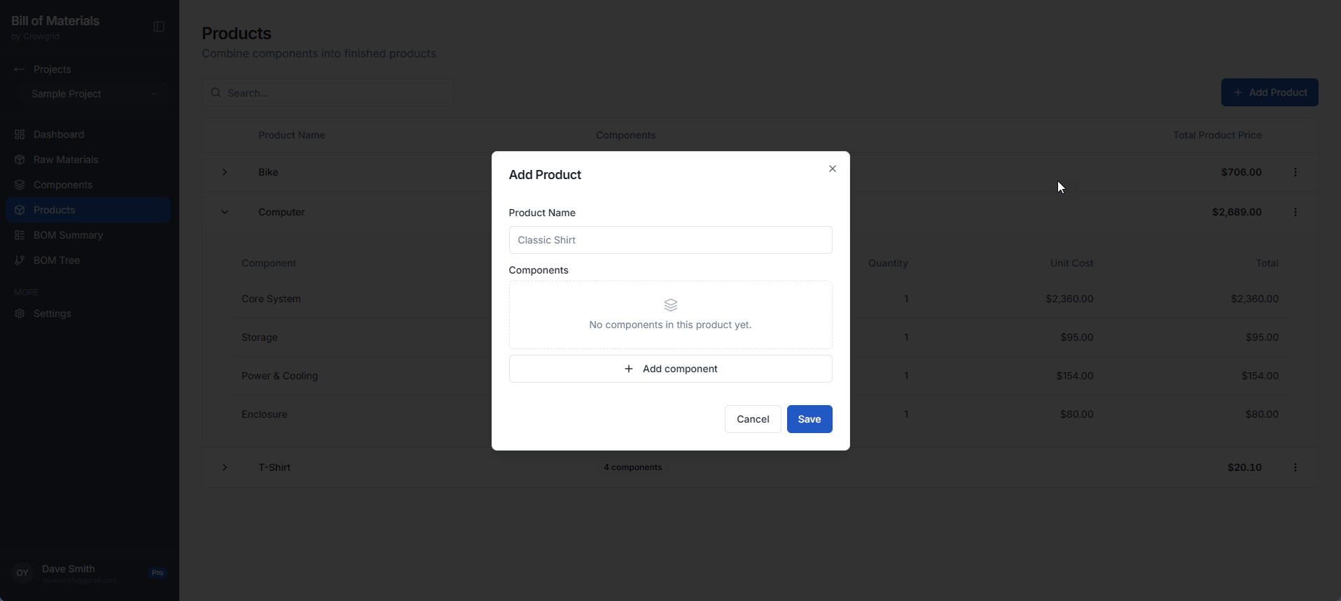 Add Product interface showing how components are combined to create a final product