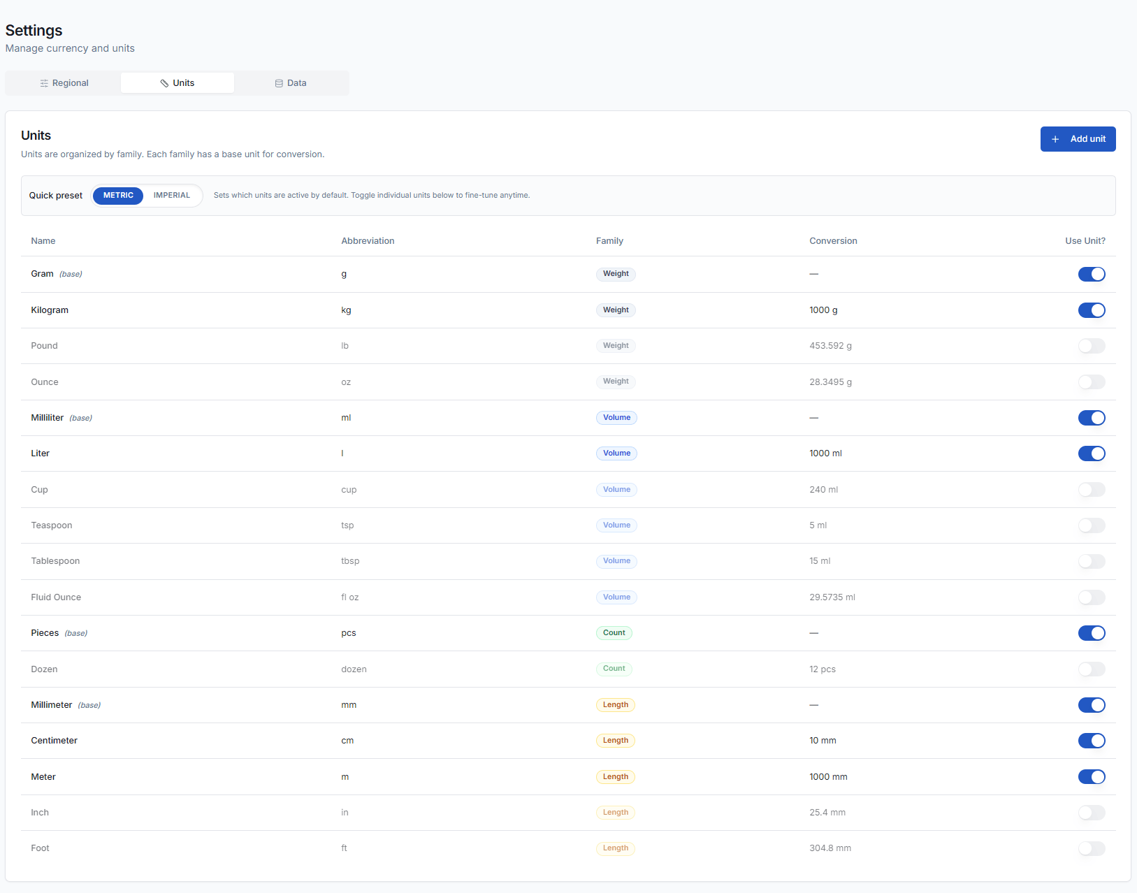 Settings page showing flexible unit management for weight, volume, length, and count