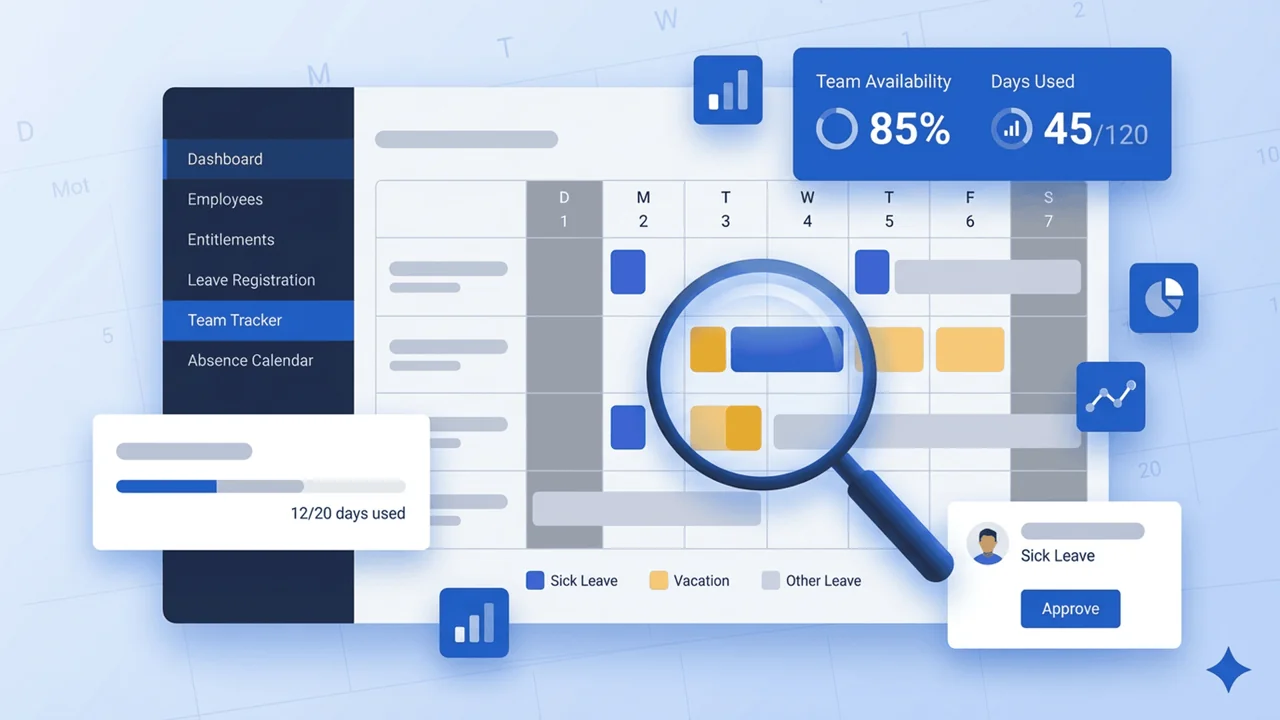Illustrative leave calendar showing employee absences and availability